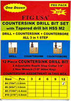 FTG USA 12 Pc #4 (7/64") Tapered Countersink Drill Bit Set with 2 Stops