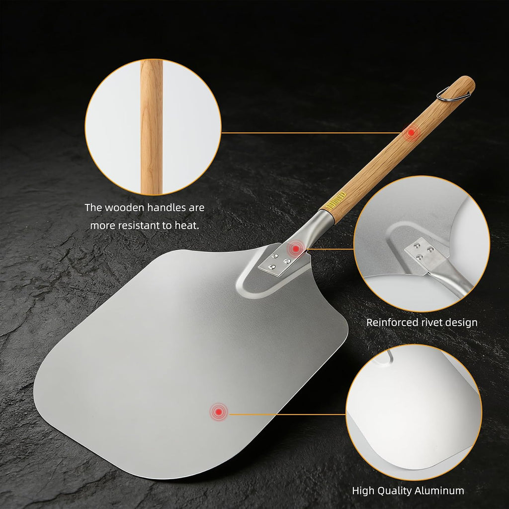 Pizza Peel 12" x 14",30.1" Long Aluminum Metal Pizza Turning Peel with Detachable Wooden Handle For Baking
