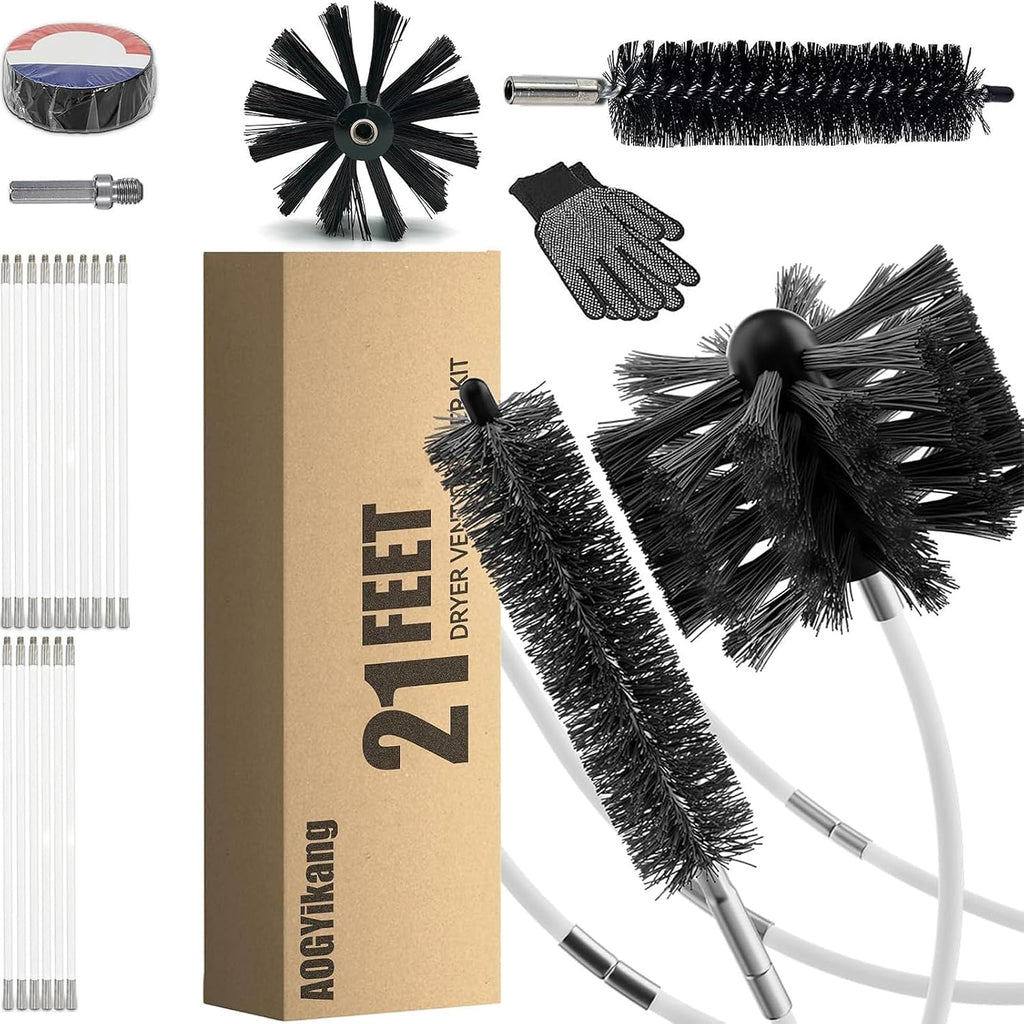 21FT Chimney Brush Kit, Multi-Purpose Dryer Vent Cleaning Brush Kit with 4" Brush Head, Professional Lint Cleaning