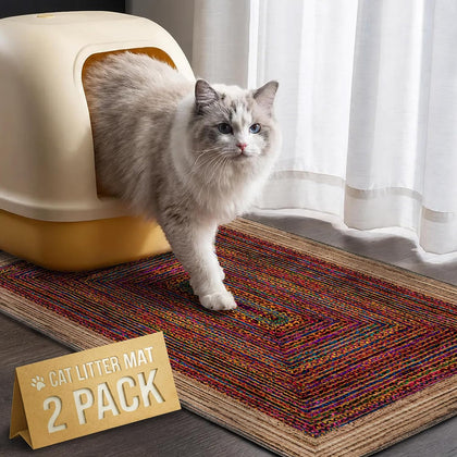 Cat Litter Mat 2 Pack, 24"x36" Litter Trapping Mats for Litter Box, Non-Slip, Super Absorbent & Urine Proof, Machine