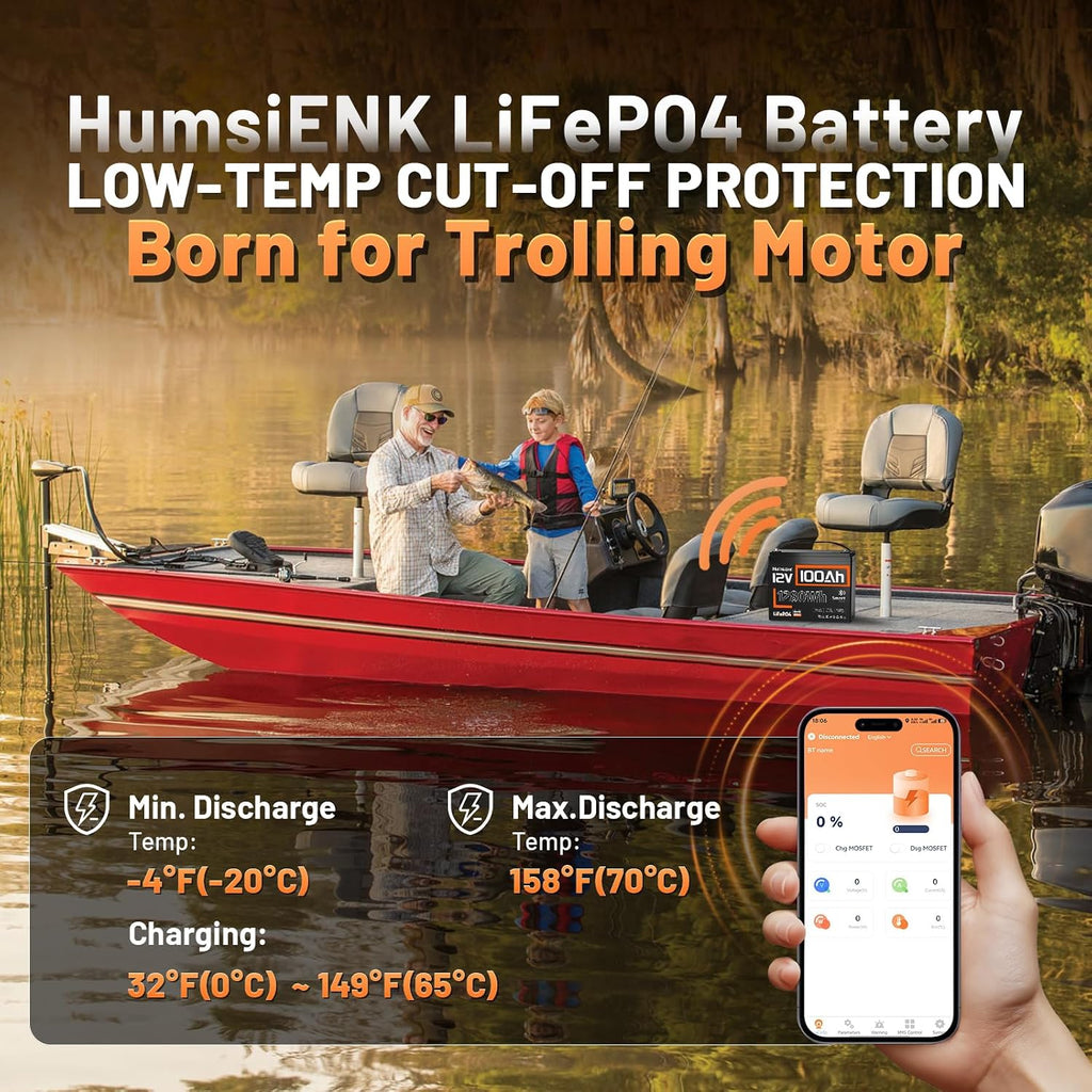 12V 100Ah LiFePO4 Lithium Battery with Bluetooth (Group 24), 15000+ Deep Cycles Battery, Built-in 100A BMS & Low-Temp
