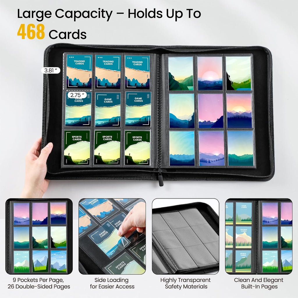 9 Pocket Trading Card Binder with 500 Card Sleeves, 26 Side-Loading Pages Hold 468 Trading Cards, Black PU Cover Zip