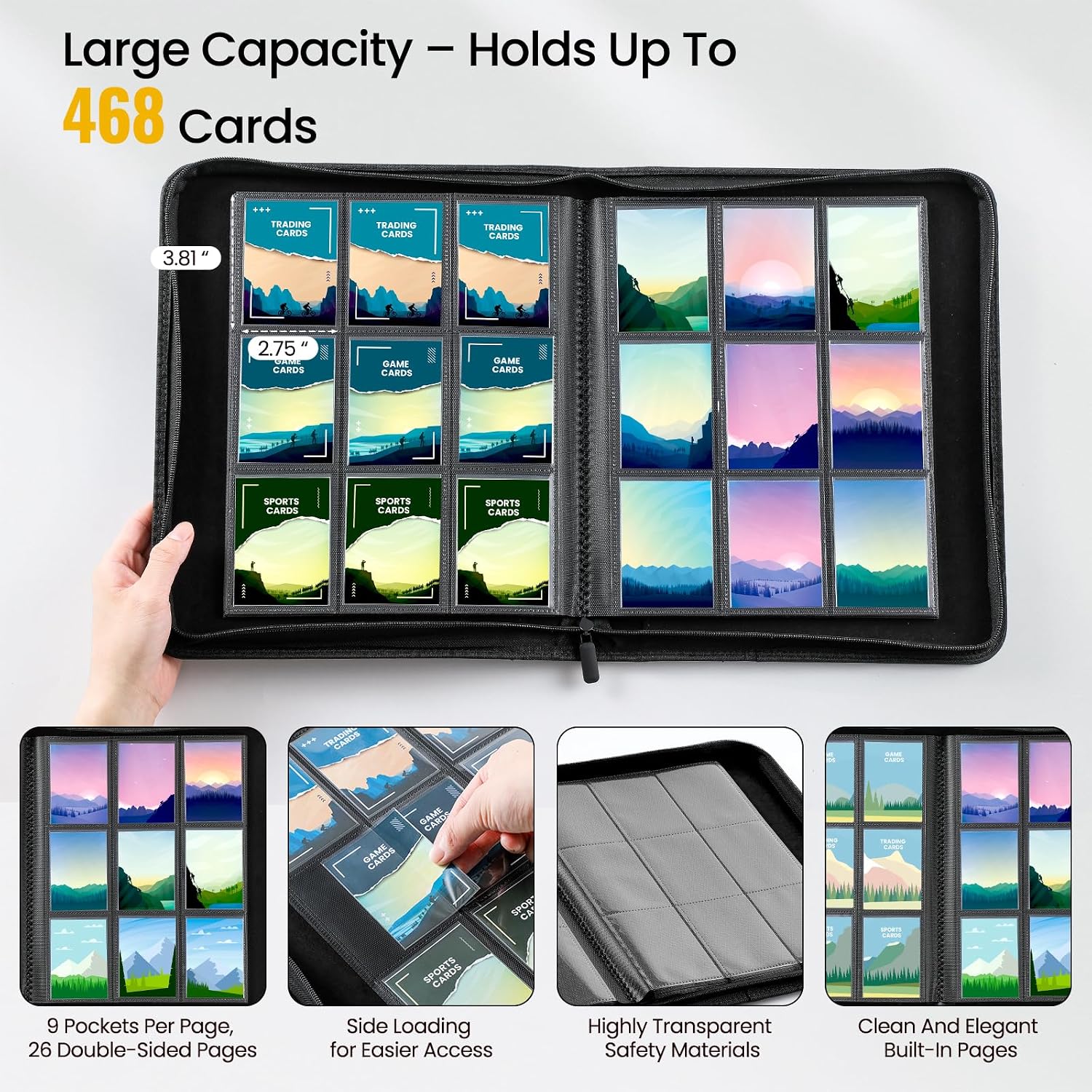 9 Pocket Trading Card Binder with 500 Card Sleeves, 26 Side-Loading Pages Hold 468 Trading Cards, Black PU Cover Zip