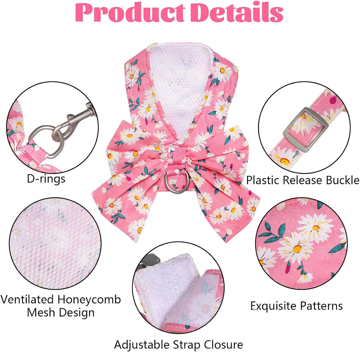 Dog Harness and Leash Set Adjustable Puppy Harness Mesh Vest Set Bow Knot Pet Clothes for Small Girl Dog Cat Summer