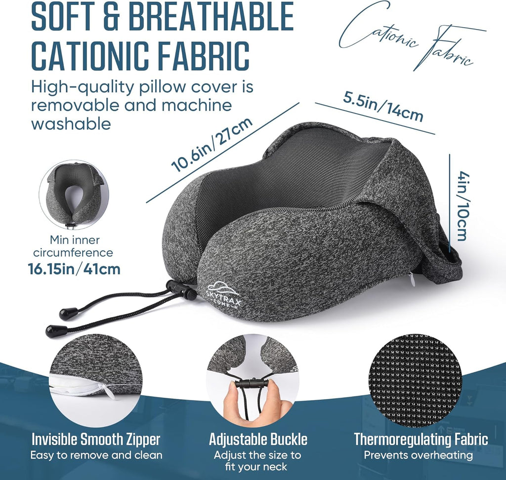 SkytraxComf Travel Neck Pillow with Hood for Privacy on Long Flights | Memory Foam | Airplane Sleep | Safety-Tested