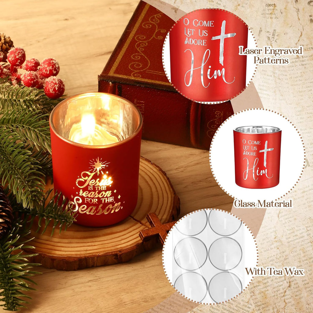 Set of 6 Christmas Nativity Votive Candle Holders with 10 Candles Advent Tealight Holders Red Christmas Glass