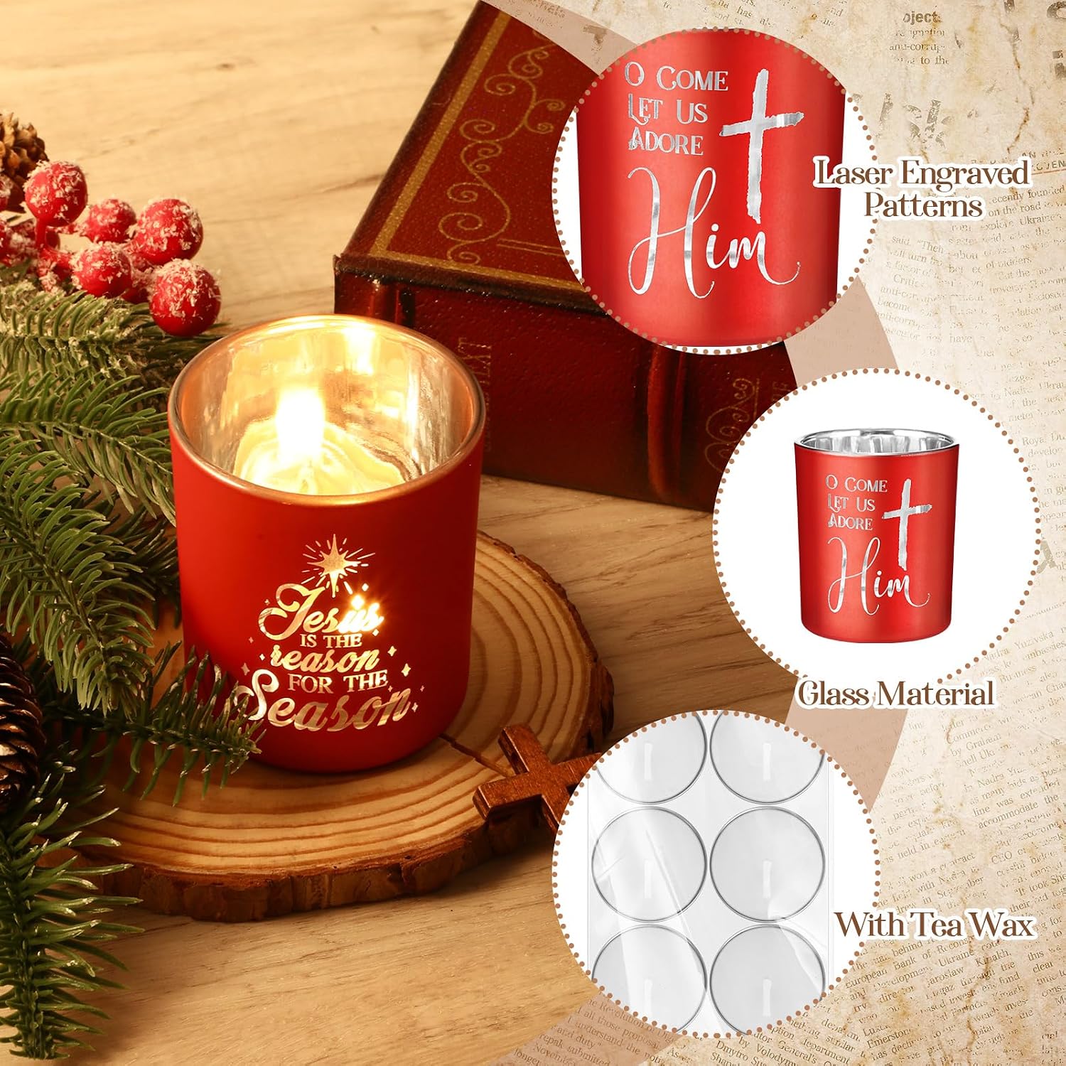 Set of 6 Christmas Nativity Votive Candle Holders with 10 Candles Advent Tealight Holders Red Christmas Glass