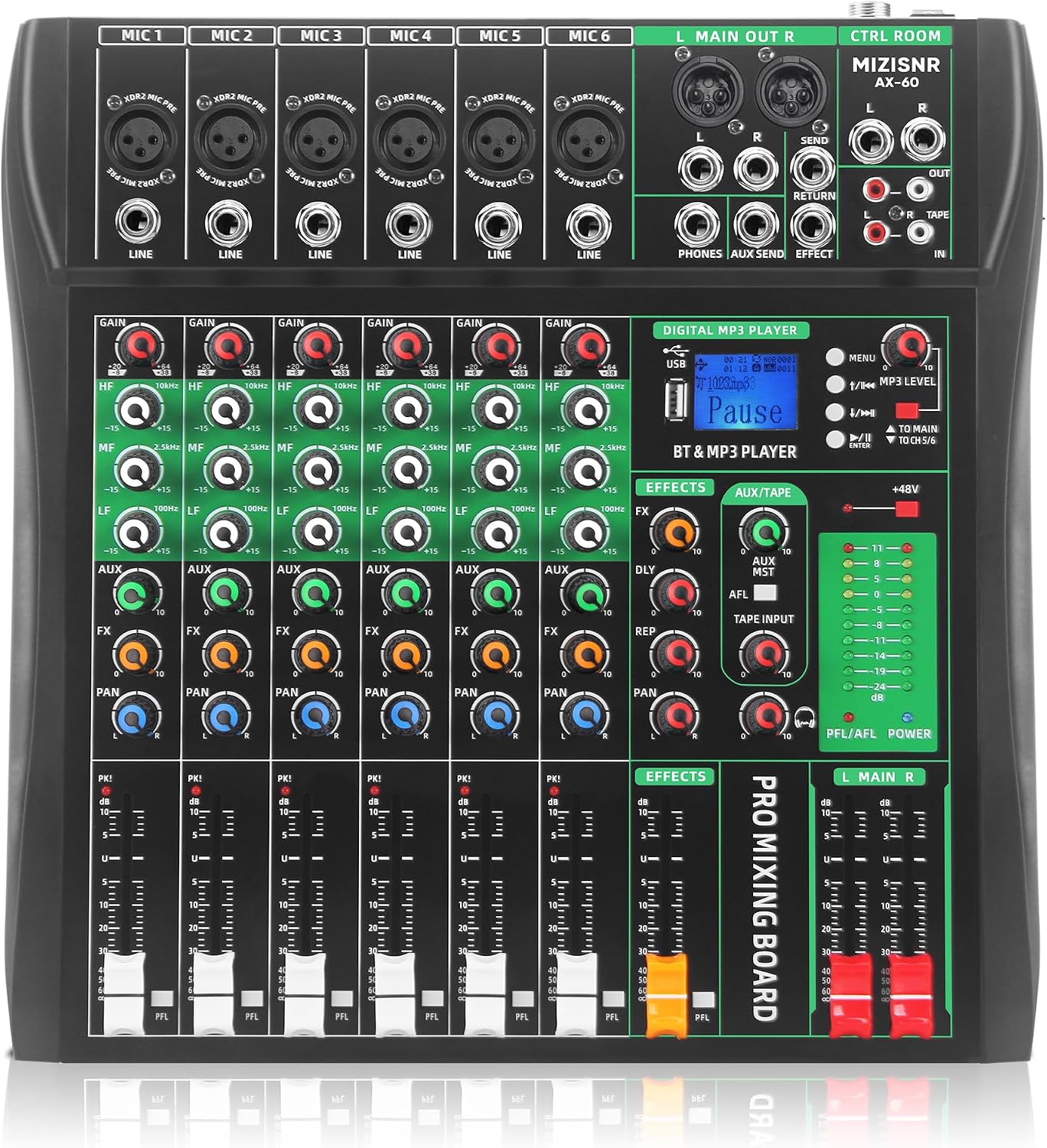 6 Channel Audio Mixer, Professional DJ Mixer Board Sound Music Mixing Console Digital Mixer with Reverb, Bluetooth