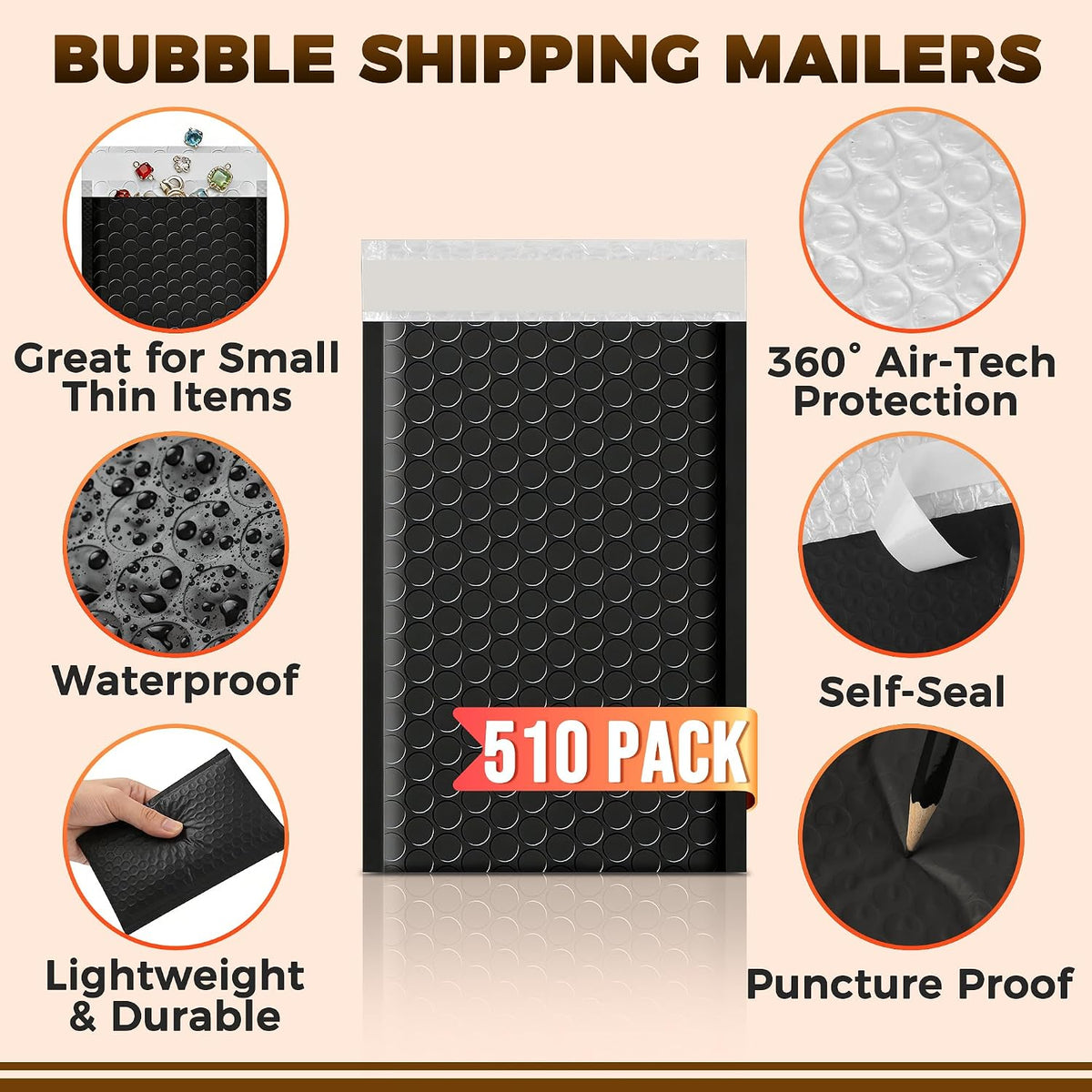 510-Pack Bubble Mailer 4'' x 8'' - Self-Sealing Waterproof Small Mailing Envelopes Padded Lightweight Shipping Bags