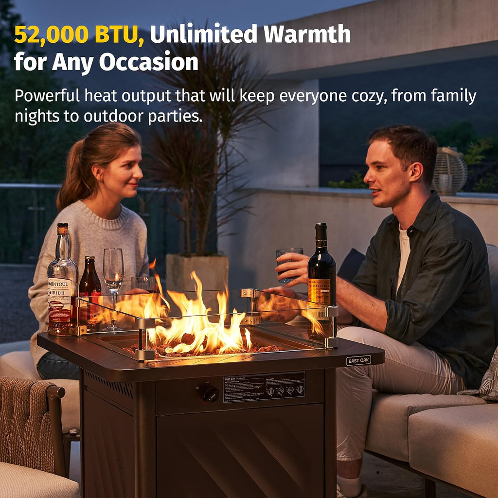28” Outdoor Propane Fire Pit Table | 52,000 BTU Gas Fire Pit for 2-4 People with Space-Saving Hock Lid, Mesh Pocket &