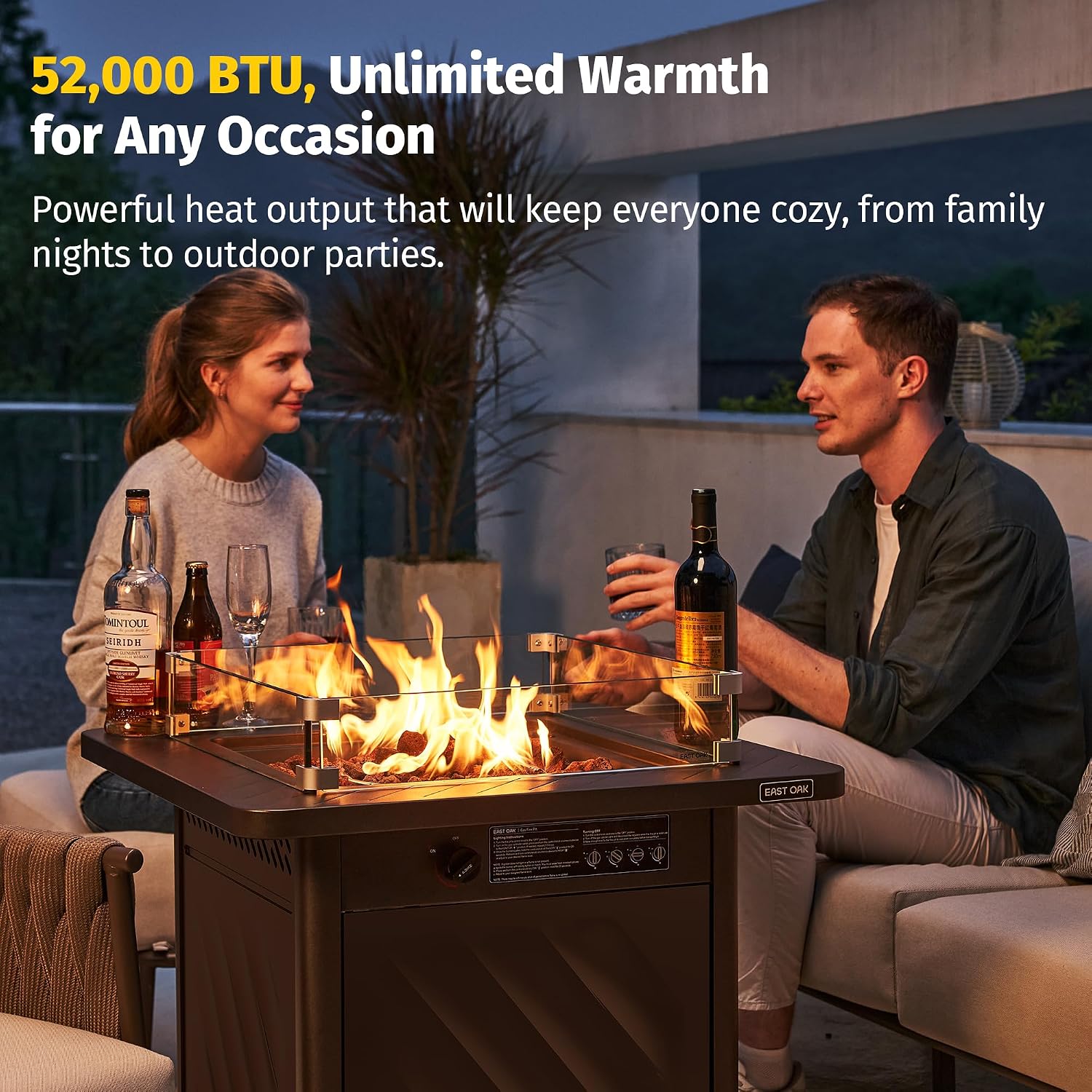 28” Outdoor Propane Fire Pit Table | 52,000 BTU Gas Fire Pit for 2-4 People with Space-Saving Hock Lid, Mesh Pocket &