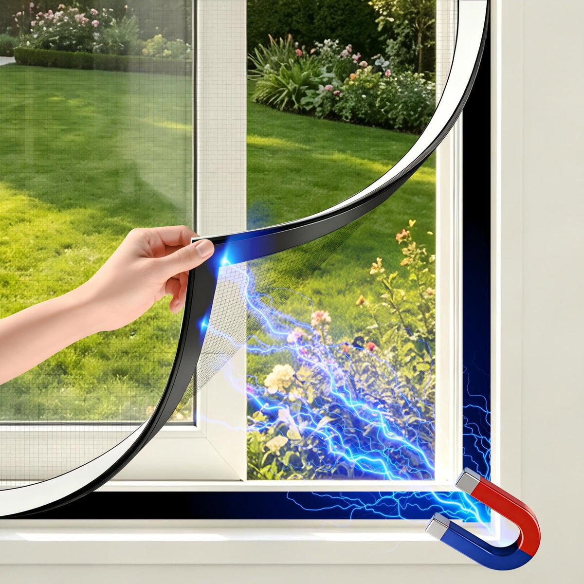 Adjustable Magnetic Window Screen Max 51" x 59", White Frame,Polyester mesh