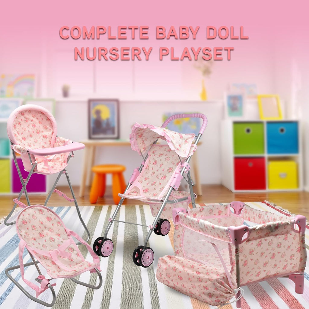 Baby Doll Stroller Bed and Seat Nursery Playset, Baby Doll Accessories Set High Chair Diaper Bag Role Play Deluxe