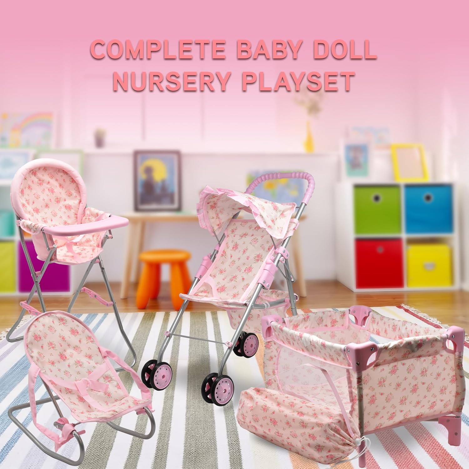Baby Doll Stroller Bed and Seat Nursery Playset, Baby Doll Accessories Set High Chair Diaper Bag Role Play Deluxe