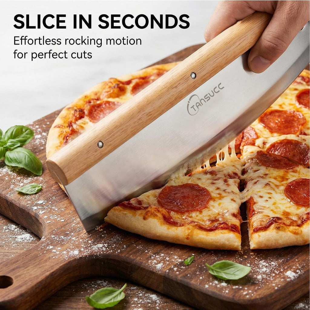 12 Inch Pizza Cutter Rocker Blade, Stylish Rubberwood Wood Handle, Protective Cover - sharp pizza cutter