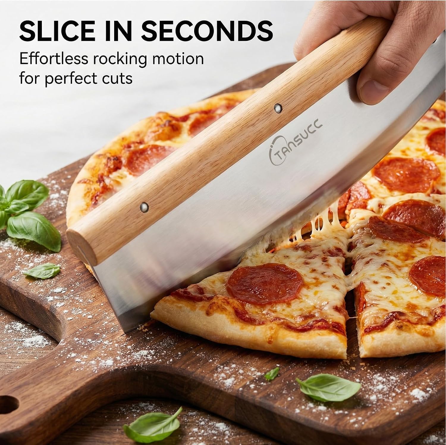 12 Inch Pizza Cutter Rocker Blade, Stylish Rubberwood Wood Handle, Protective Cover - sharp pizza cutter