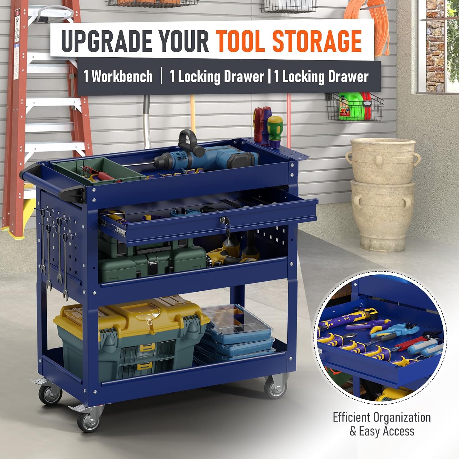 3 Tier Rolling Tool Cart with Drawers 400 LBS, Blue | Heavy Duty, Wheels for Mobility, Garage & Warehouse Use