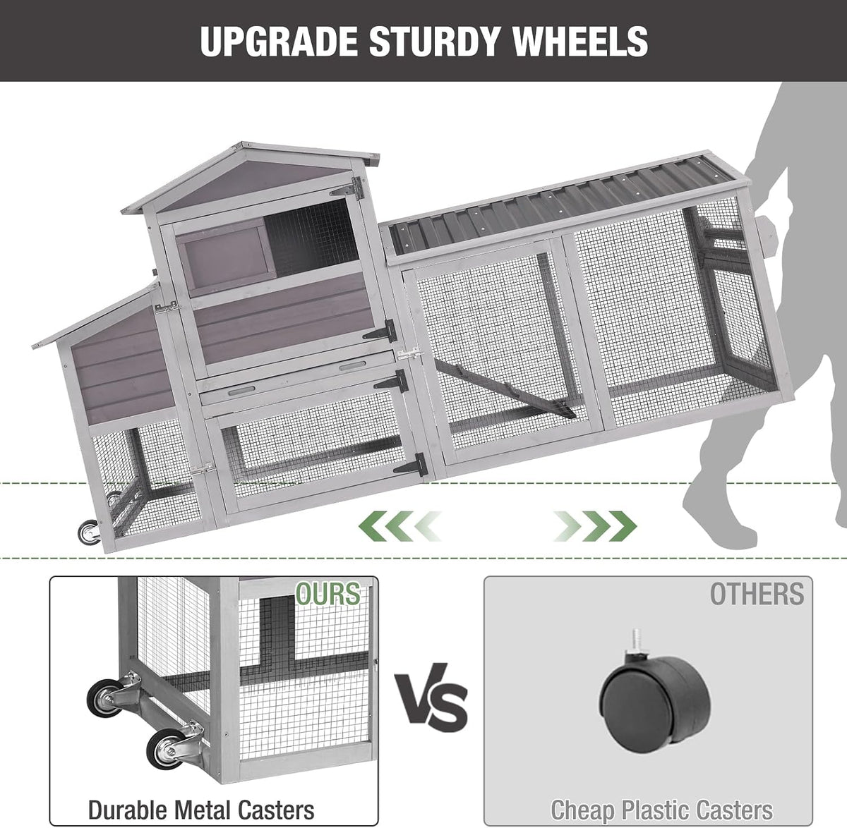 80’’ Chicken Coop with Wheels, Outdoor Wooden Chicken House with Nesting Box, Poultry Chicken Cage with Weatherproof