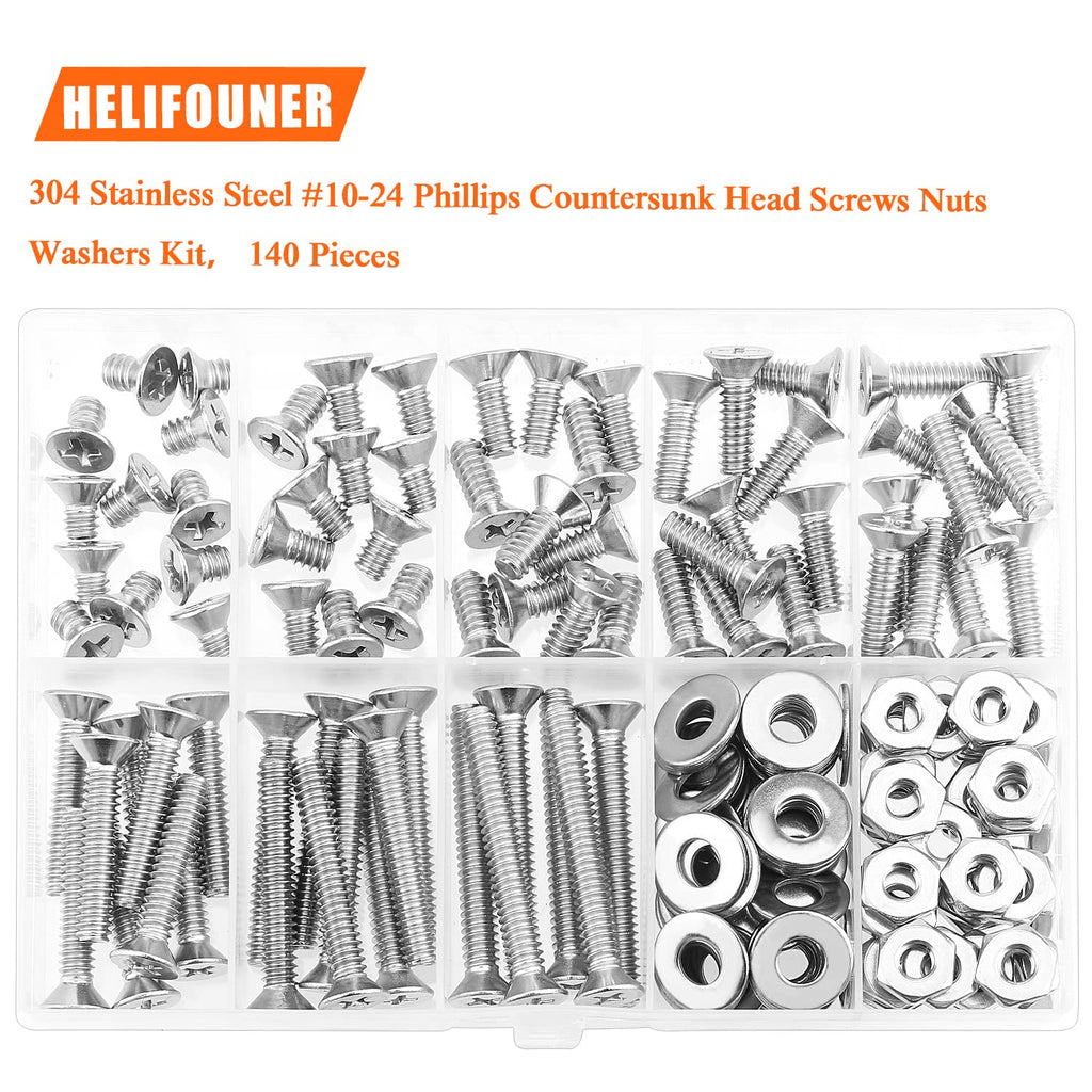 HELIFOUNER 140 Pieces #10-24 Phillips Countersunk Head Machine Screws Nuts Washers Assortment Kit, Coarse Thread, Fully Machine Threaded, 304 Stainless Steel
