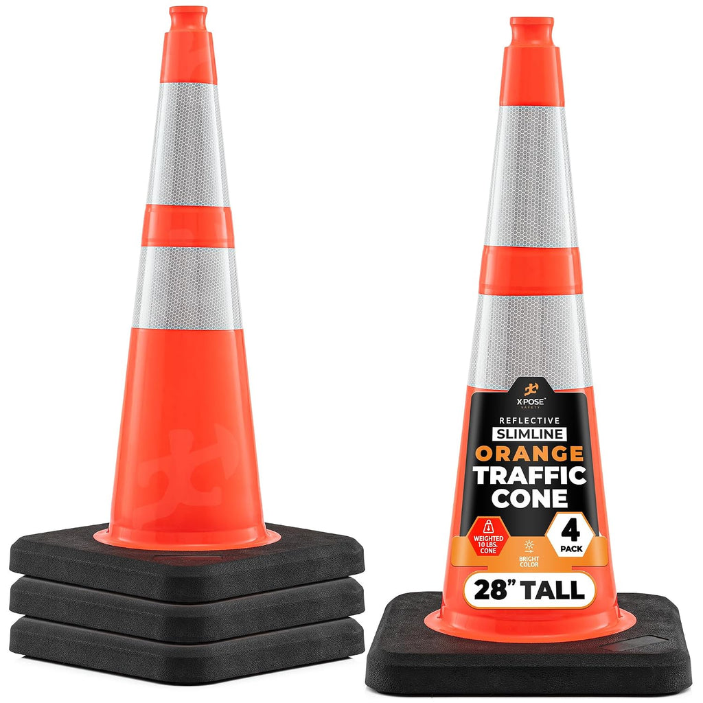 28 Inch Orange Slim Line Traffic Cones | Heavy Duty 10lb with 6" & 4" Collars, 4 Pack Multipurpose PVC Plastic Safety