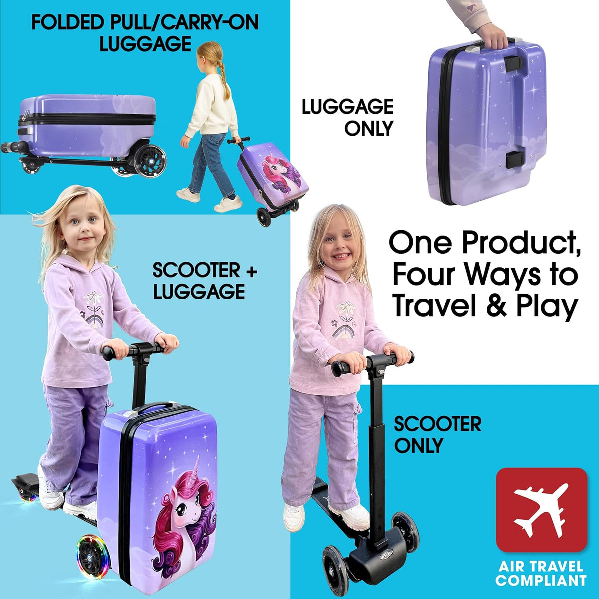Girls Detachable Scooter Suitcase, Convertible Ride-On Carry-On