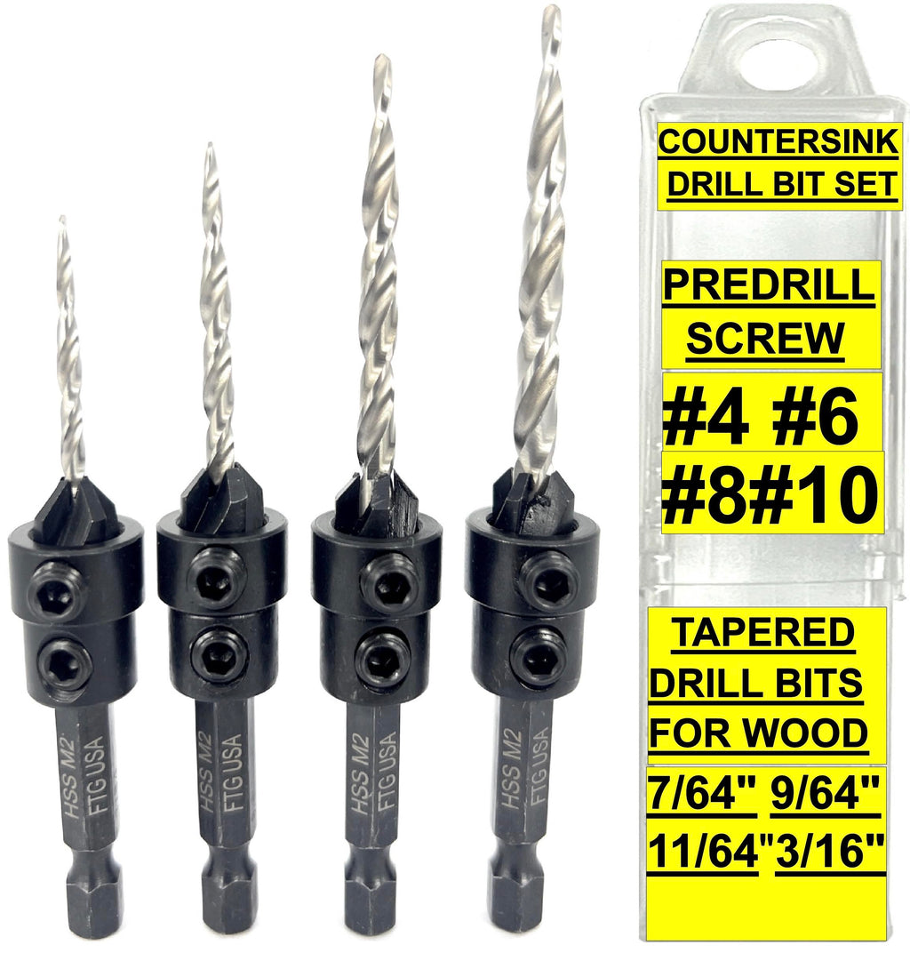 FTG USA 4 Pc #4#6#8#10 Countersink Drill Bit Set with Tapered Drill Bits