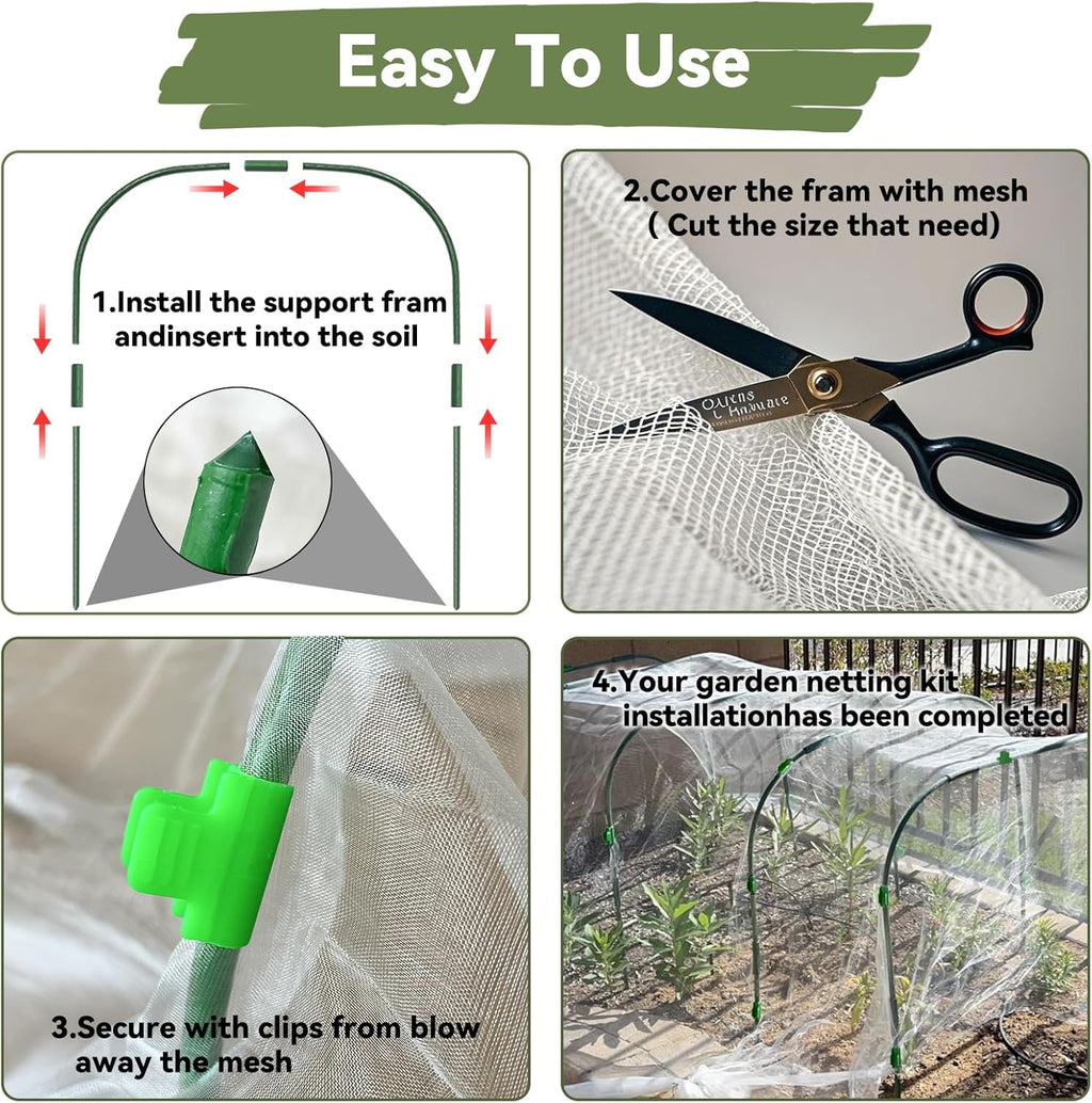 Garden Mesh Netting Kit for Raised Beds, 8 * 26FT Ultra Fine Plant Netting Covers with 6 Pcs Wide Garden Hoops & 12