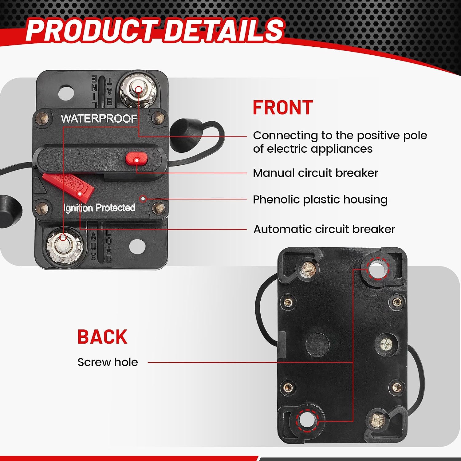 20A Circuit Breaker Holder W/Manual Reset Switch 12-48V DC for Boat Trolling Motor Marine ATV Trailer Vehicles Stereo