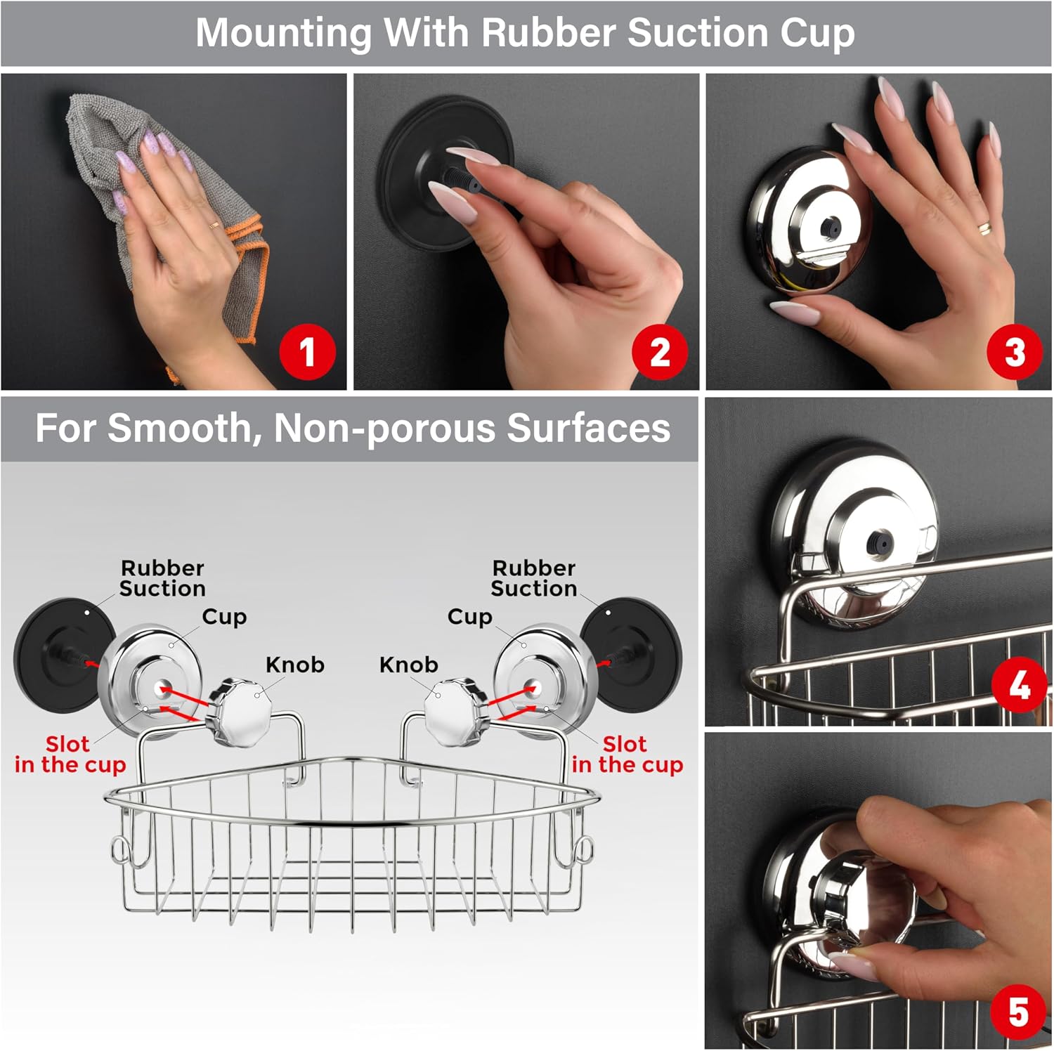 Corner Shower Caddy with Suction Cups and 3M Adhesive Mounting Discs for porous surfaces - Stainless Steel Basket for