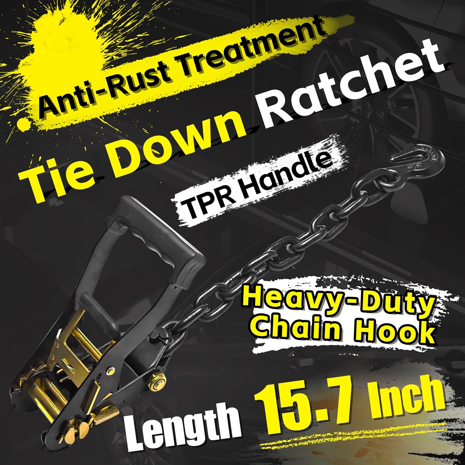 4 Pack Reflective Car Tie Down Straps for Trailers - Tire Ratchet Strap with Chain Anchors - 2" x 10' 10,000LBS Break