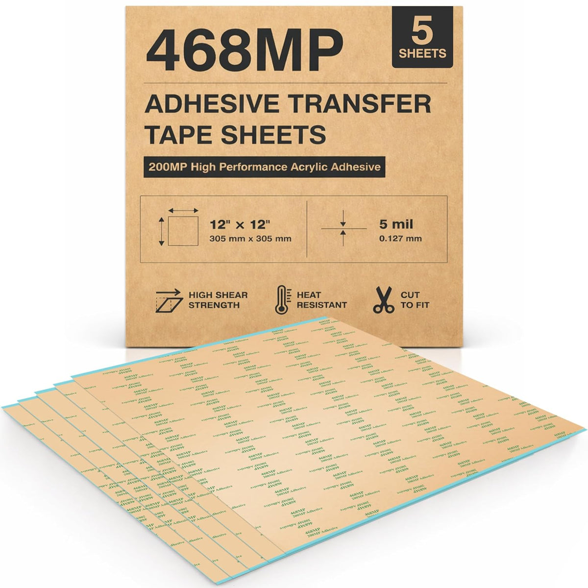 468MP Double Sided Adhesive Transfer Tape Sheets, 12" x 12", 5 Pack