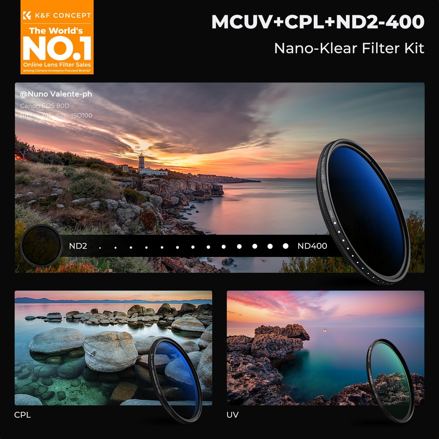 67mm UV/CPL/ND2-400 Len Filter Kit 3pc Multi-Layer Coatings | UV+Polarizer+Variable ND Lens Filters Kit (1-9