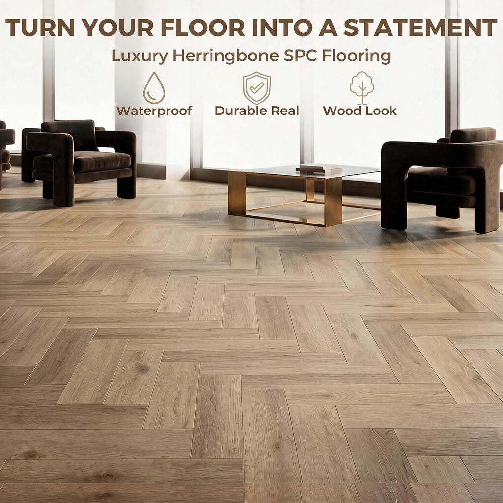 SPC Vinyl Planks Sample Pack, 2 Planks, Click-Lock Water-Resistant Herringbone Flooring, Walker Oak