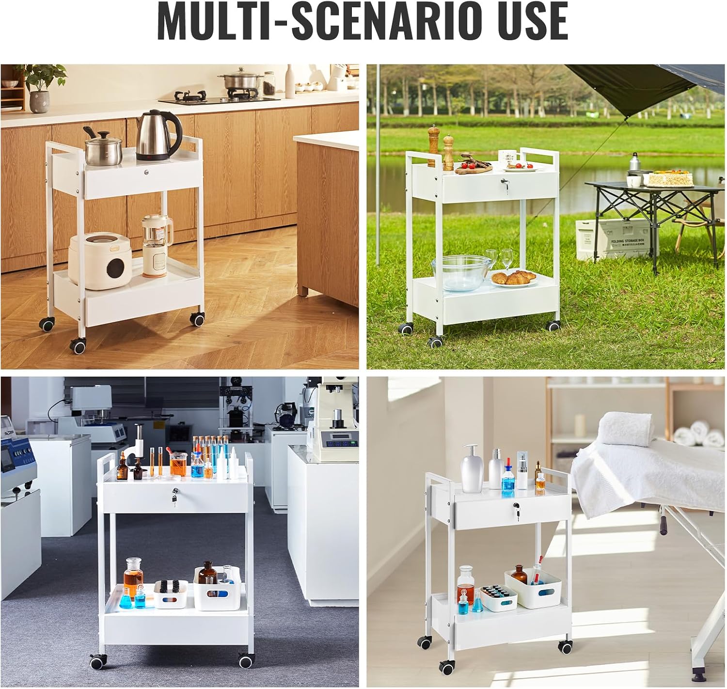 Rolling Medical Cart with Lockable Drawer, White Paint Stainless Steel Utility Cart, 2 Tiers Mobile Esthetician