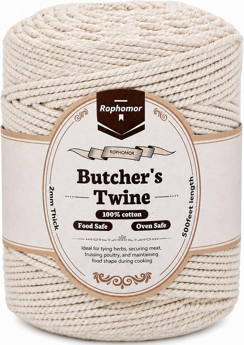 Thick Butcher's Twine,100% Cotton,500 Feet,2mm, Food Safe,Oven Safe, Kitchen Cooking String for Meat and Poultry