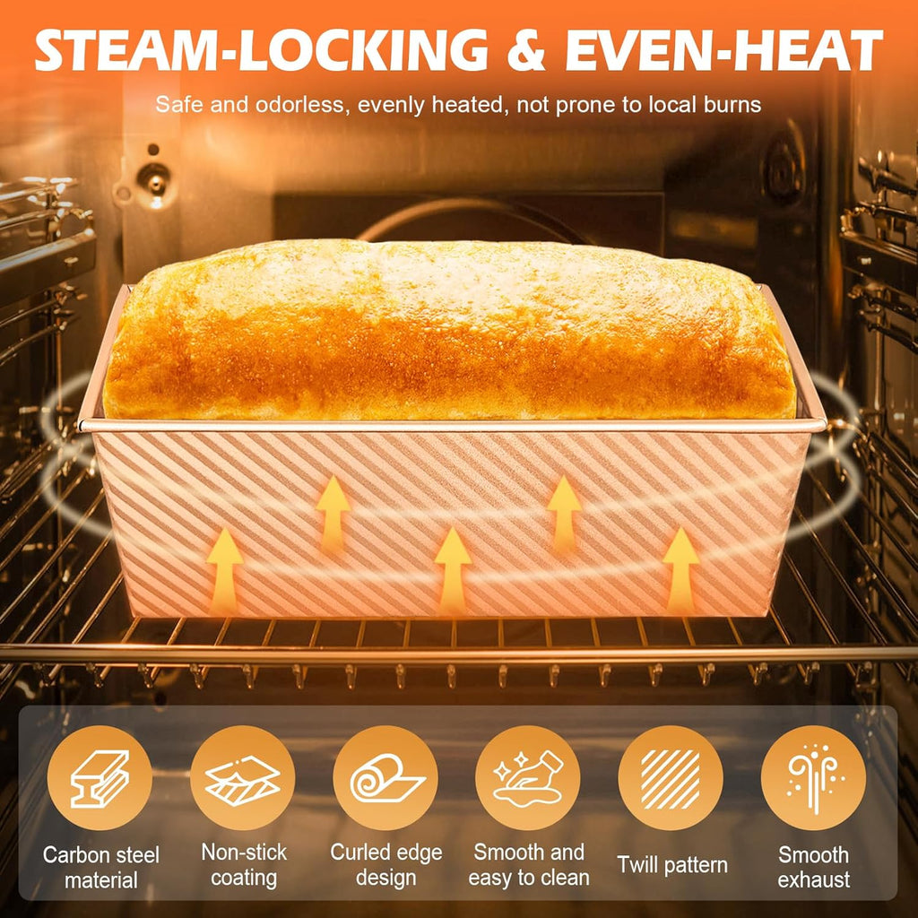 Pullman Loaf Pan with Lid, 2 Pack 2.2 LB & 1 LB Dough Capacity, Non-Stick Carbon Steel Bread Pan for Sandwich Bread