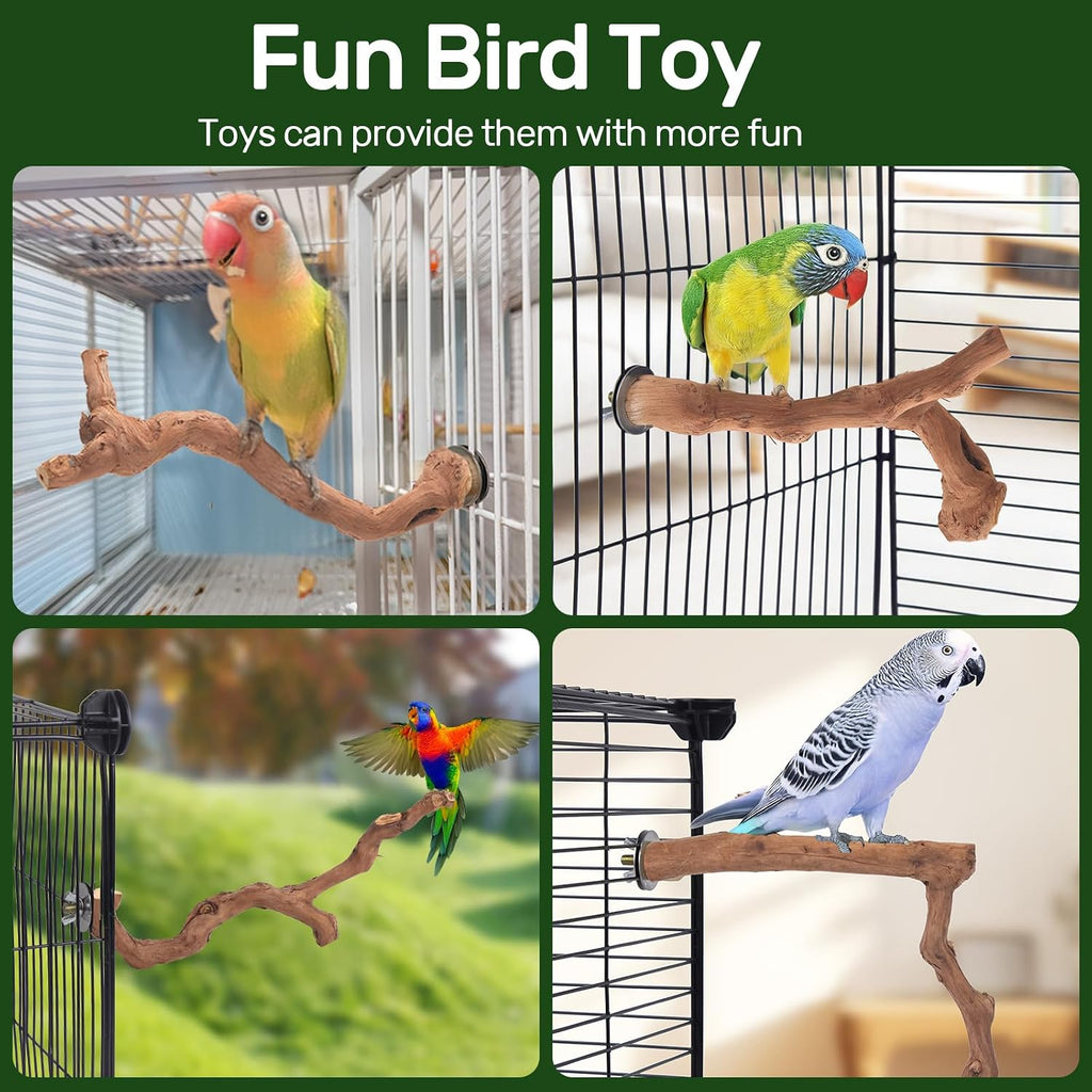 3-Piece Premium Bird Perch Stand with Natural Grape Wood Branch, Paw Grinding Fork, Chewing Stick, Cage Accessories