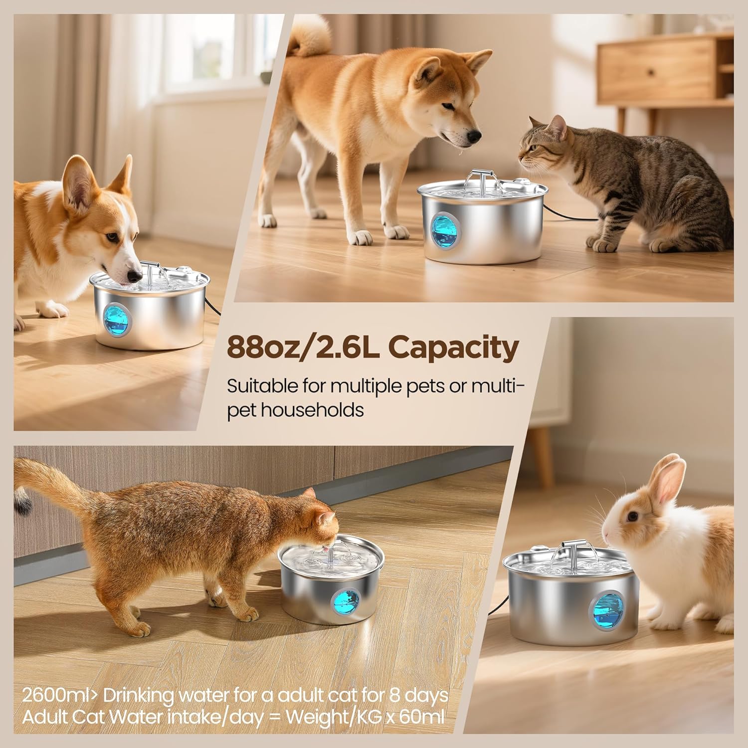 Cat Water Fountain Stainless Steel: 2.6L Cat Fountain for Drinking - Pet Water Fountain for Cats Indoor - Automatic