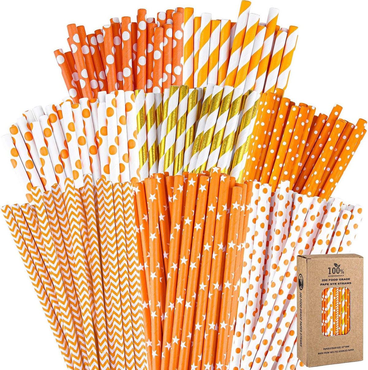 200 Pieces Thanksgiving Paper Straws Orange and Gold Assorted Paper Straws Biodegradable Drinking Straw Mix for Fall