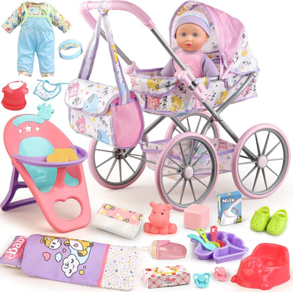 Baby Doll Stroller Playset for Girls Toddlers 3-5 4-6 5-7 Year Old to Play House Games. Stroller Toy with 12.5" Baby
