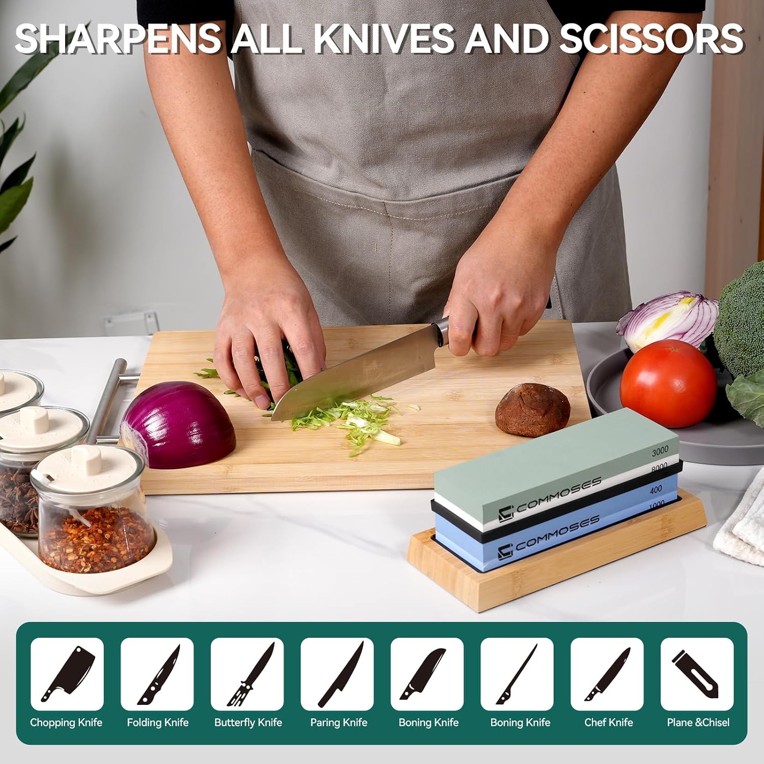 Whetstone Sharpening Stone Knife Sharpener Stone Set: 4 Side 8000|3000 1000|400 in Kitchen With Bamboo Base,Cut