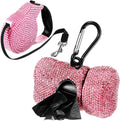 2 Pack Rhinestone Retractable Dog Leash and Bag Holder Set Pink Bling Bone Shaped Pet Waste Bags Dispenser with Metal