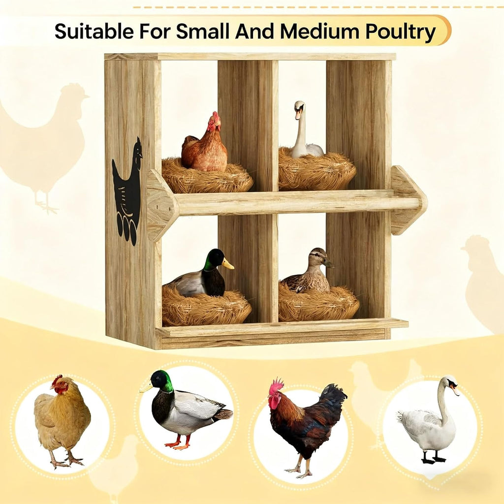 Chicken Nesting Box, 4 Compartment Wooden Nesting Boxes for Chickens with Perches, Floor/Stand/Wall Mount Large