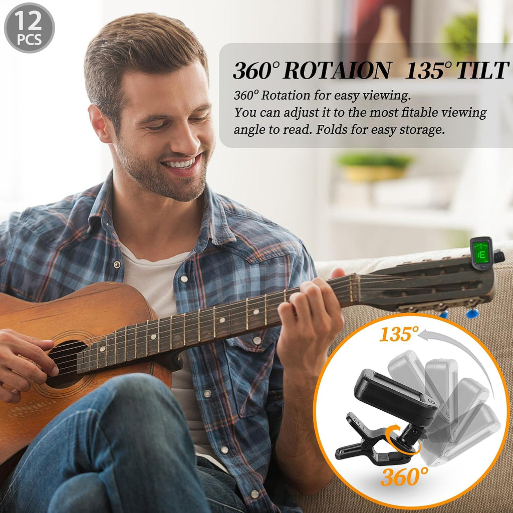 Guitar Tuner Clip On 12 Pack Tuners for Acoustic Electric Guitar Bass Ukulele Violin Banjo Tuning