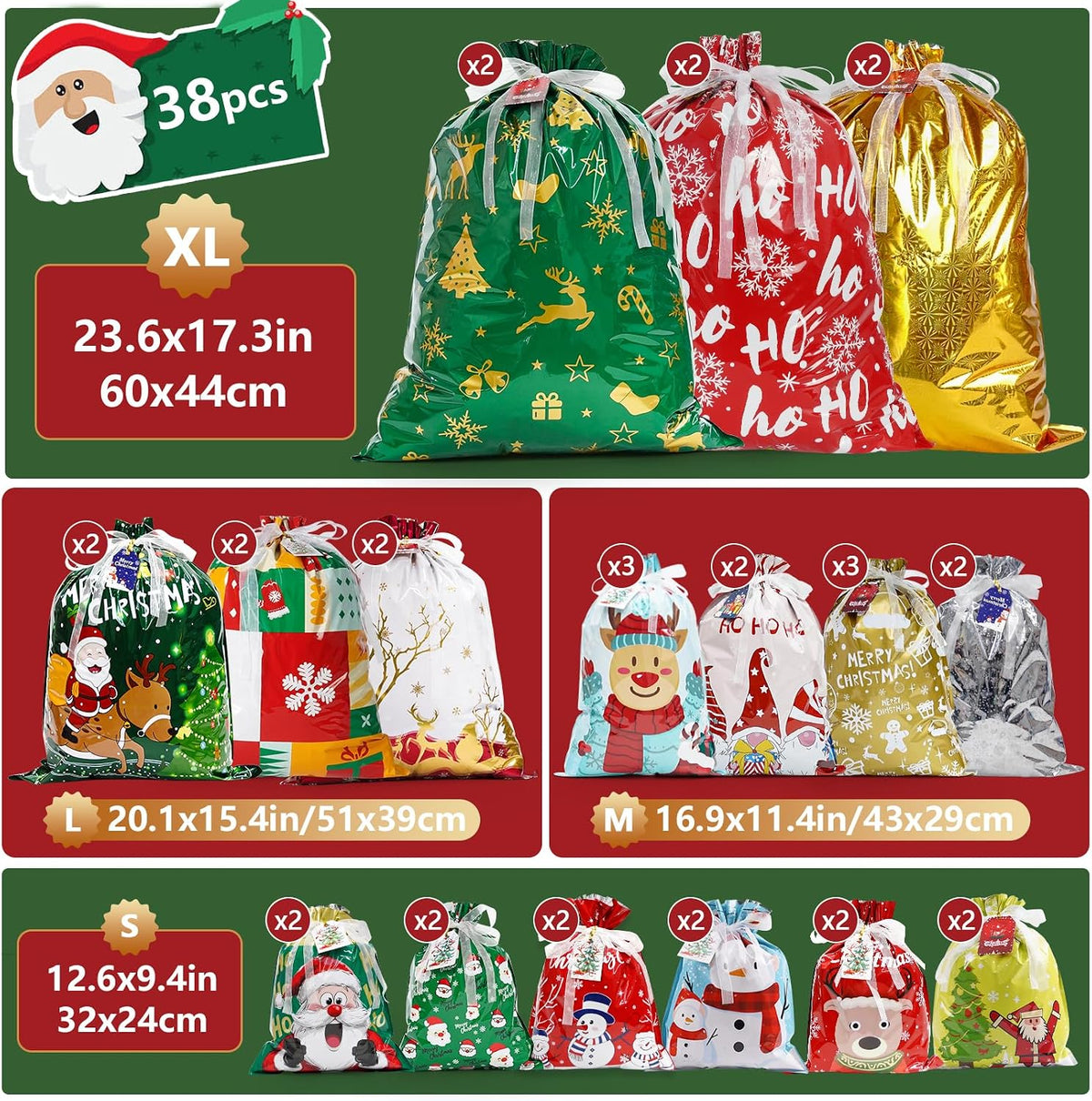 38PCS Christmas Drawstring Gift Bags, Xmas Gift Bags for Presents