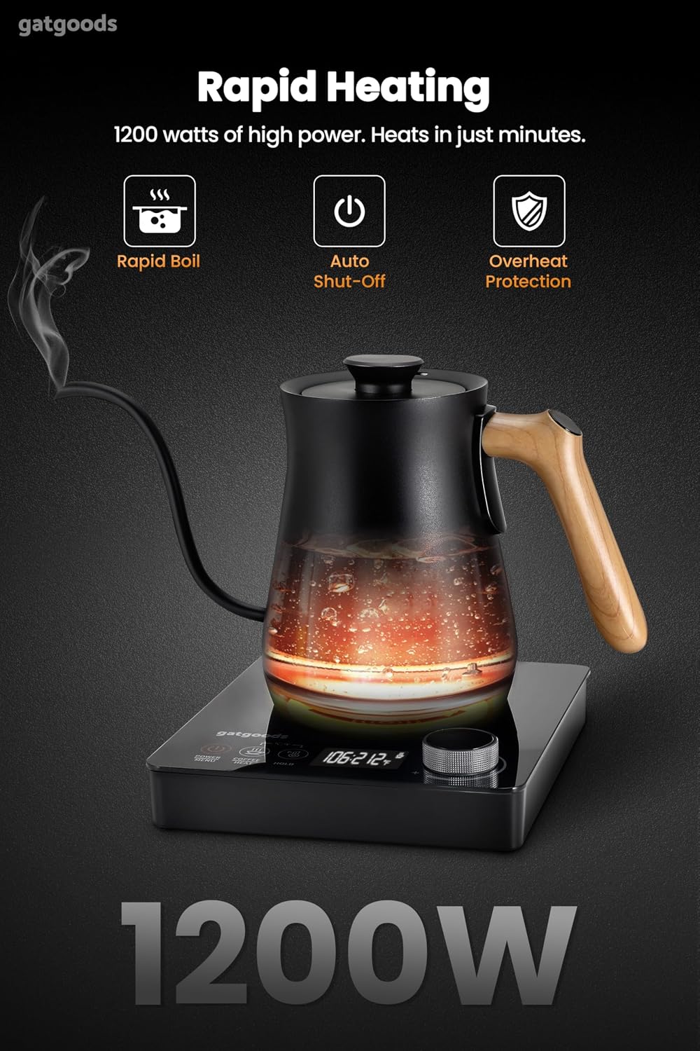 Electric Gooseneck Kettle – Precise Temperature Control, 1200W Fast Boil, Keep Warm Feature, Ideal for Pour-Over