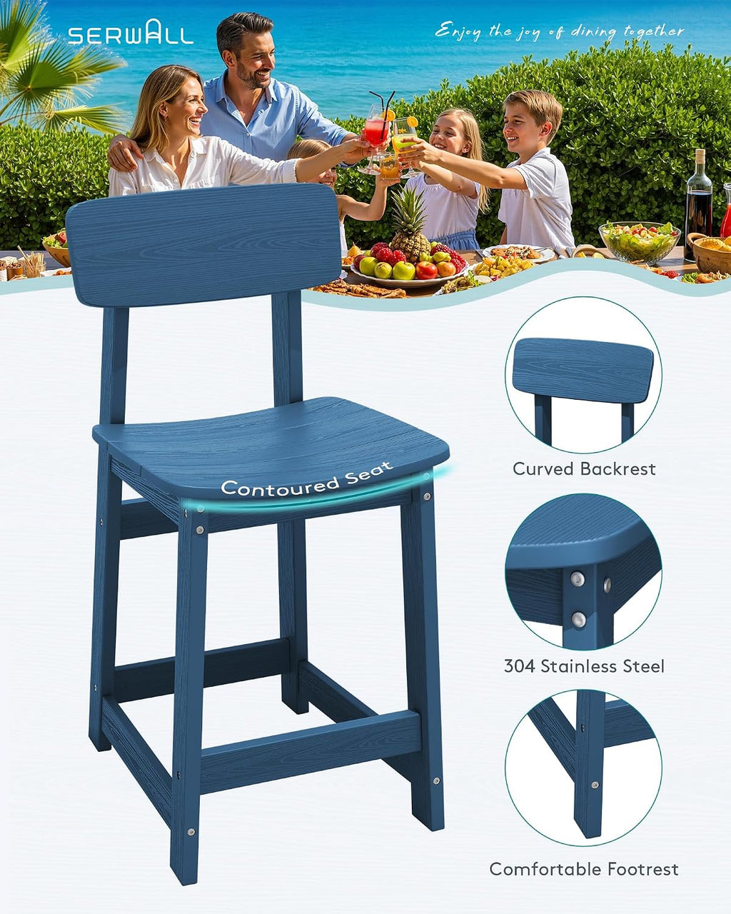 Outdoor HDPE Counter-Height Bar Stools Set of 2, Blue
