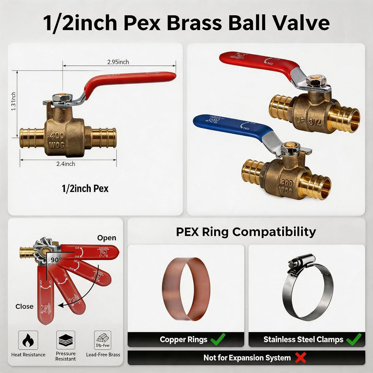 VANCOCO 1/2" PEX Ball Valve, 4-Pack, 2 Red/2 Blue