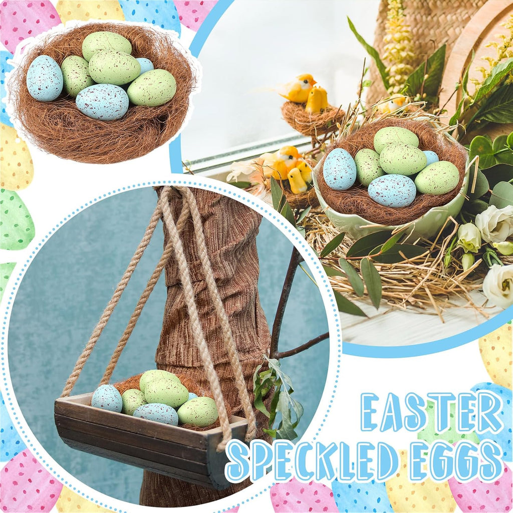 16 Pcs Pastel Easter Eggs with Chicken Nest Easter Table Centerpiece Plastic Green Blue Speckled Eggs for Spring