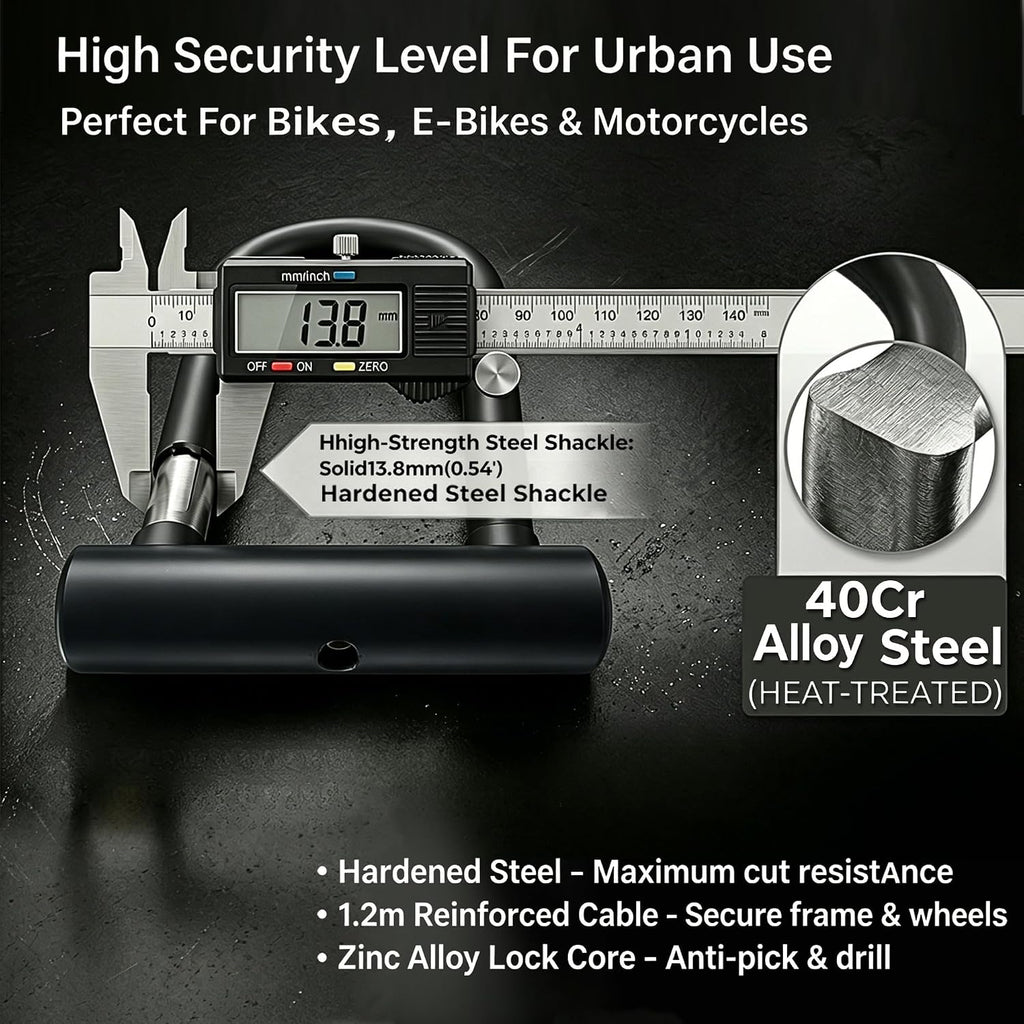 Heavy Duty Bike-U-Lock with Cable, 13.7mm Hardened Steel Anti-Theft, 3 Keys | High Security Protection; Heavy Duty